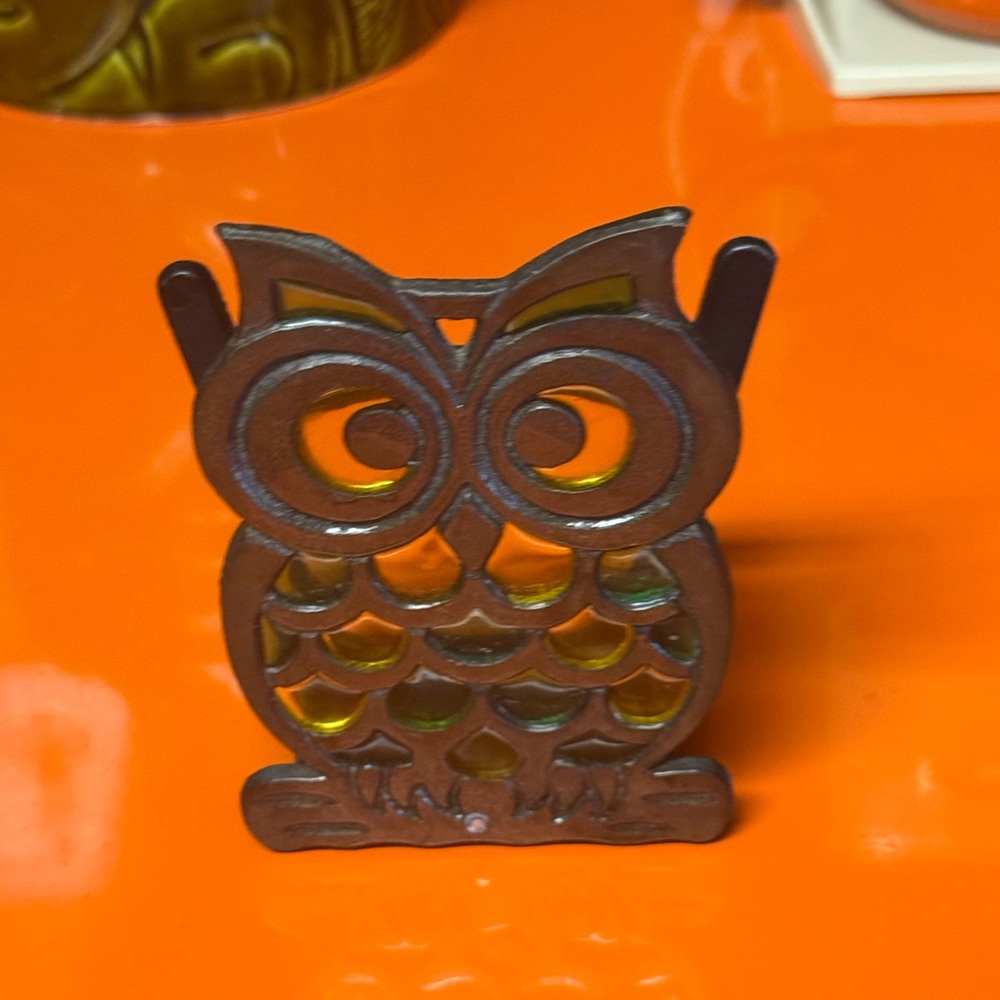 Vintage 1960s-70s Owl Stained Glass Cast Iron Napkin Holder Retro 5.5" - Picture 2 of 8